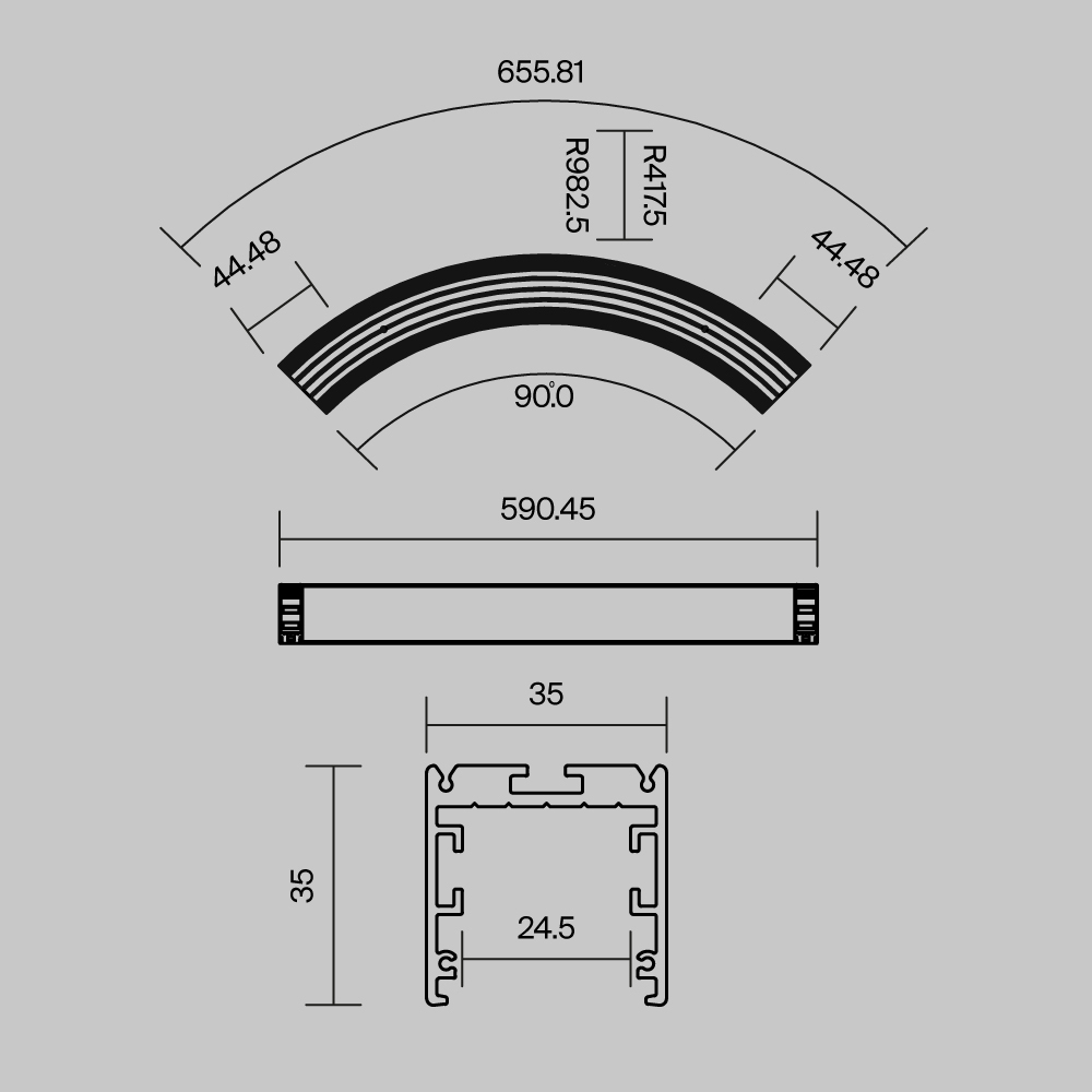 Радиусный профиль 35x35 D800мм 1/4 круга черный