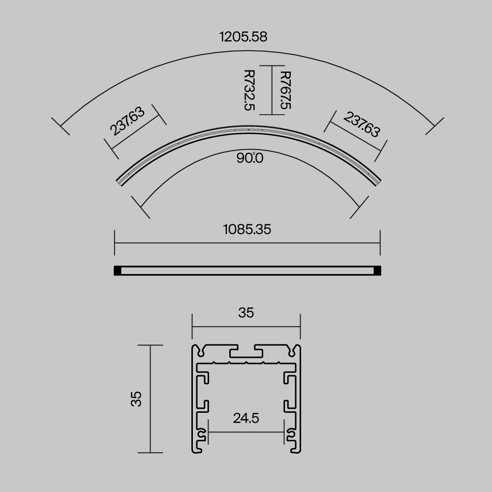 Радиусный профиль 35x35 D1500мм 1/4 круга черный